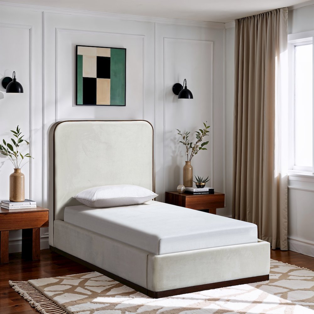Rava Cream / Beige Velvet Upholstered Twin Bed. Picture 7