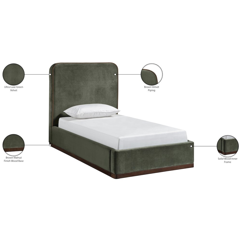 Rava Green / Brown Velvet Upholstered Twin Bed. Picture 10