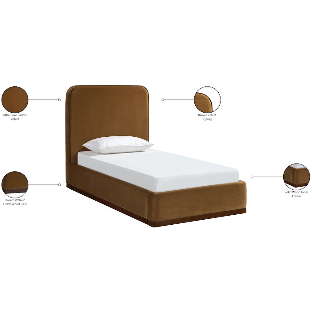 Rava Saddle / Brown Velvet Upholstered Twin Bed. Picture 10