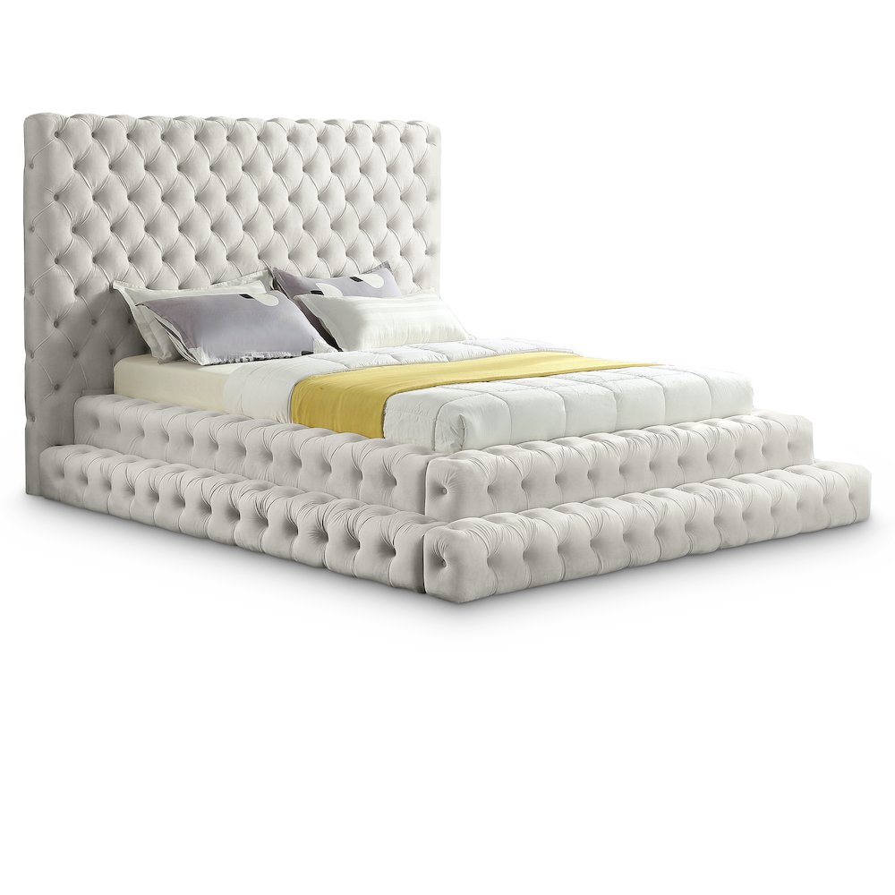 Revel Cream Velvet Queen Bed. Picture 1