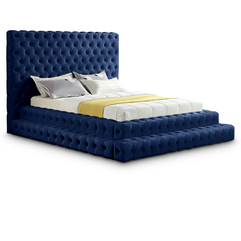 Revel Navy Velvet Queen Bed. Picture 1