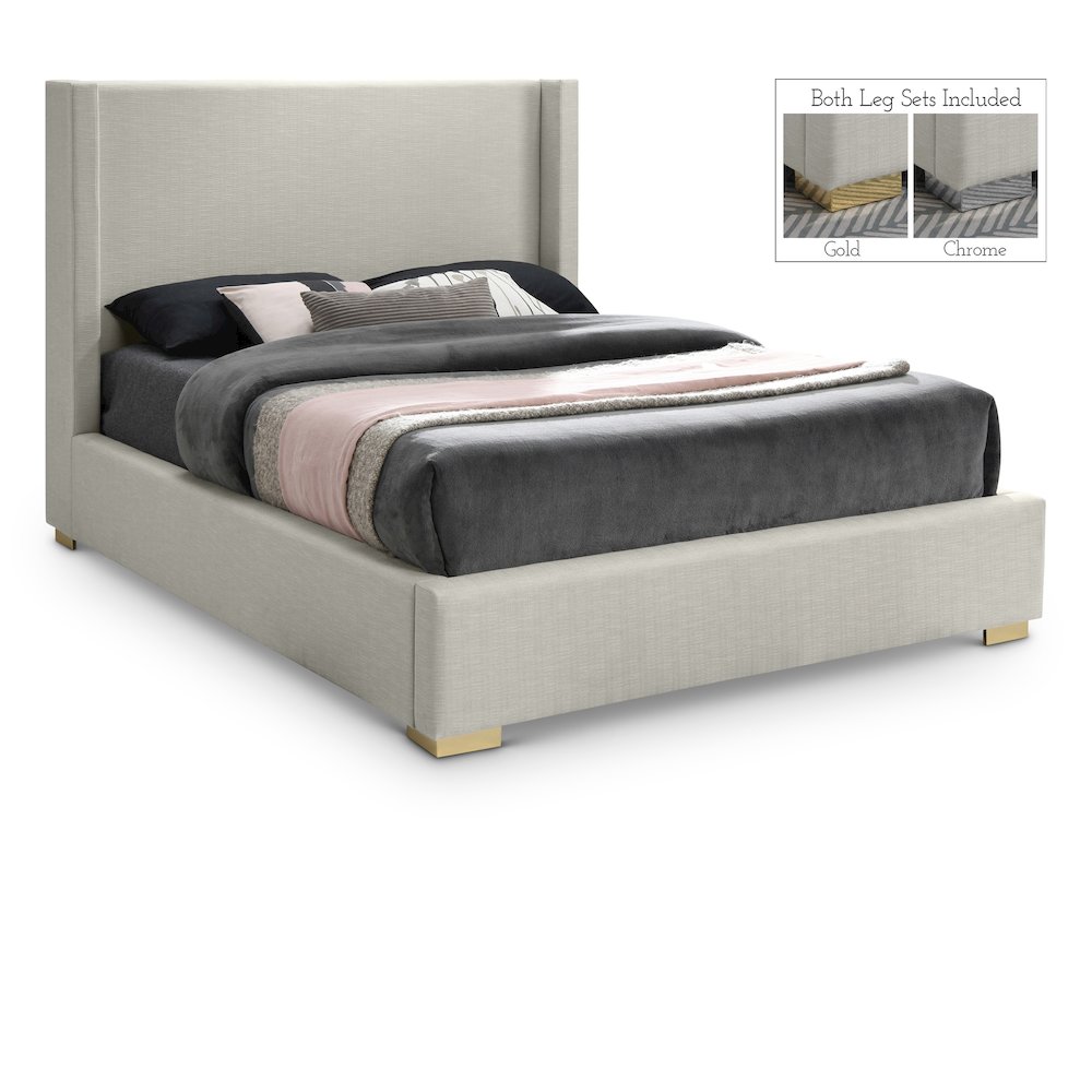 Royce Beige Linen Textured Fabric Full Bed. Picture 1