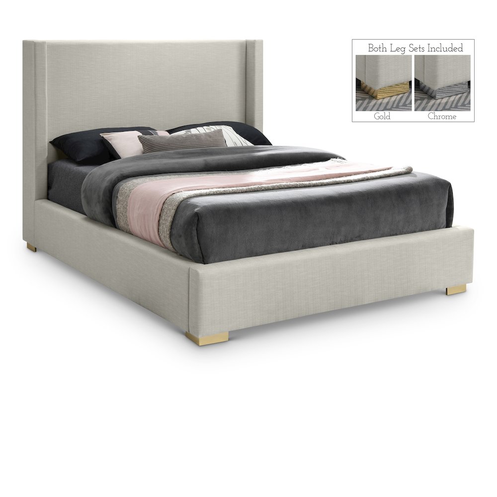 Royce Beige Linen Textured Fabric King Bed. Picture 1