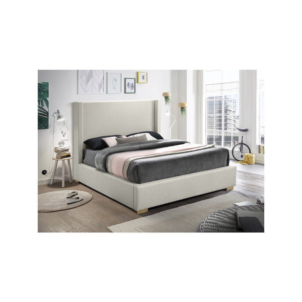 Royce Beige Linen Textured Fabric Queen Bed. Picture 2