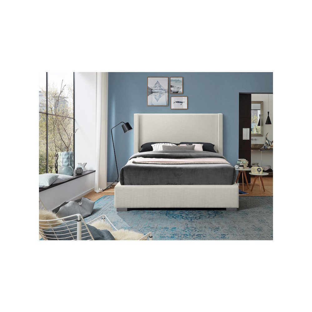 Royce Beige Linen Textured Fabric Queen Bed. Picture 7