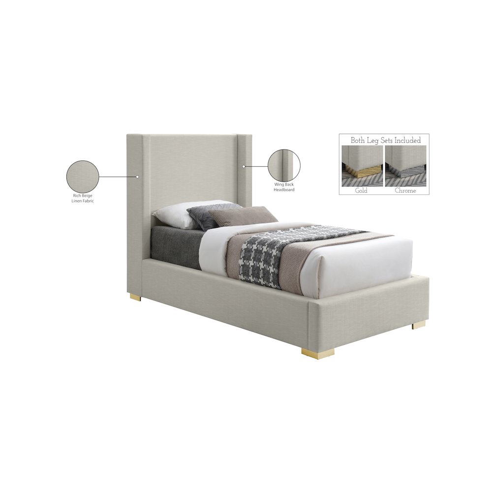 Royce Beige Linen Textured Fabric Twin Bed. Picture 16