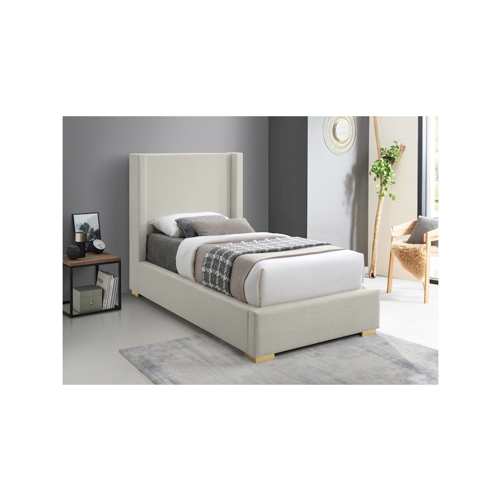 Royce Beige Linen Textured Fabric Twin Bed. Picture 2