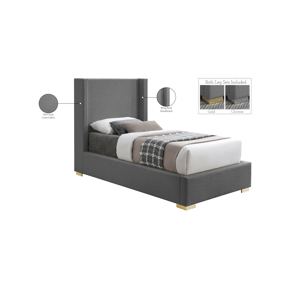 Royce Grey Linen Textured Fabric Twin Bed. Picture 16