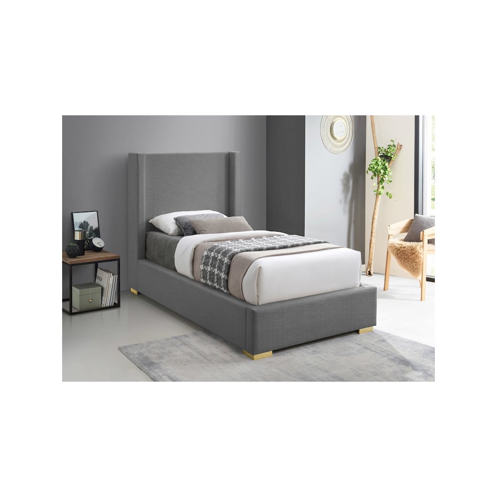 Royce Grey Linen Textured Fabric Twin Bed. Picture 2