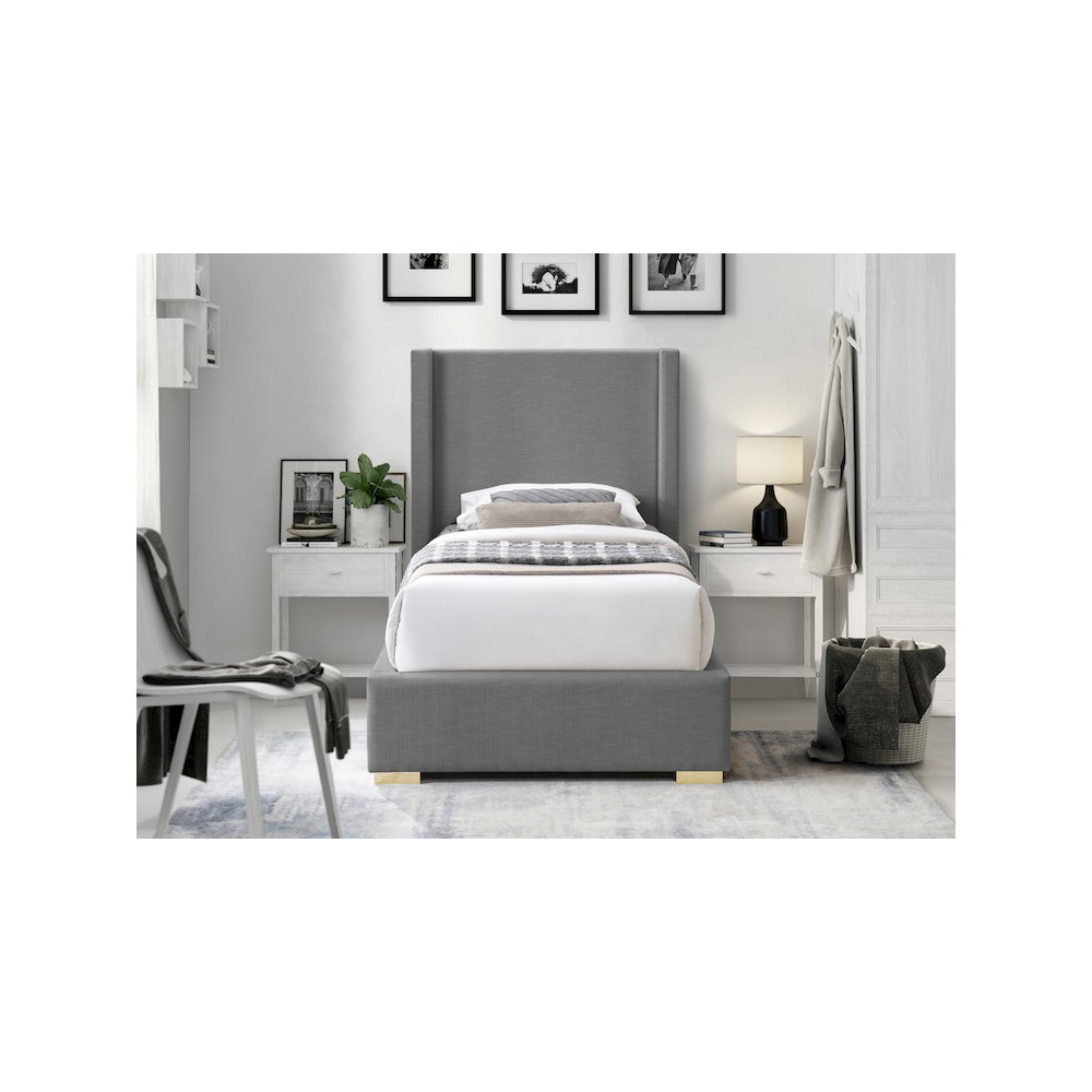 Royce Grey Linen Textured Fabric Twin Bed. Picture 6