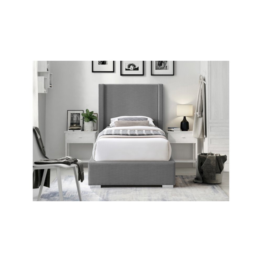 Royce Grey Linen Textured Fabric Twin Bed. Picture 7