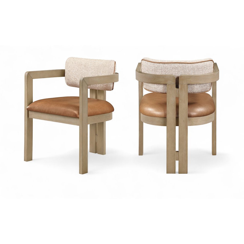 Ravina Cognac Vegan Leather and Linen Fabric Upholstered Dining Chair, Set of 2. Picture 1