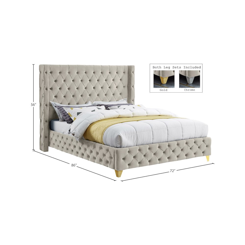 Savan Cream Velvet Queen Bed. Picture 14