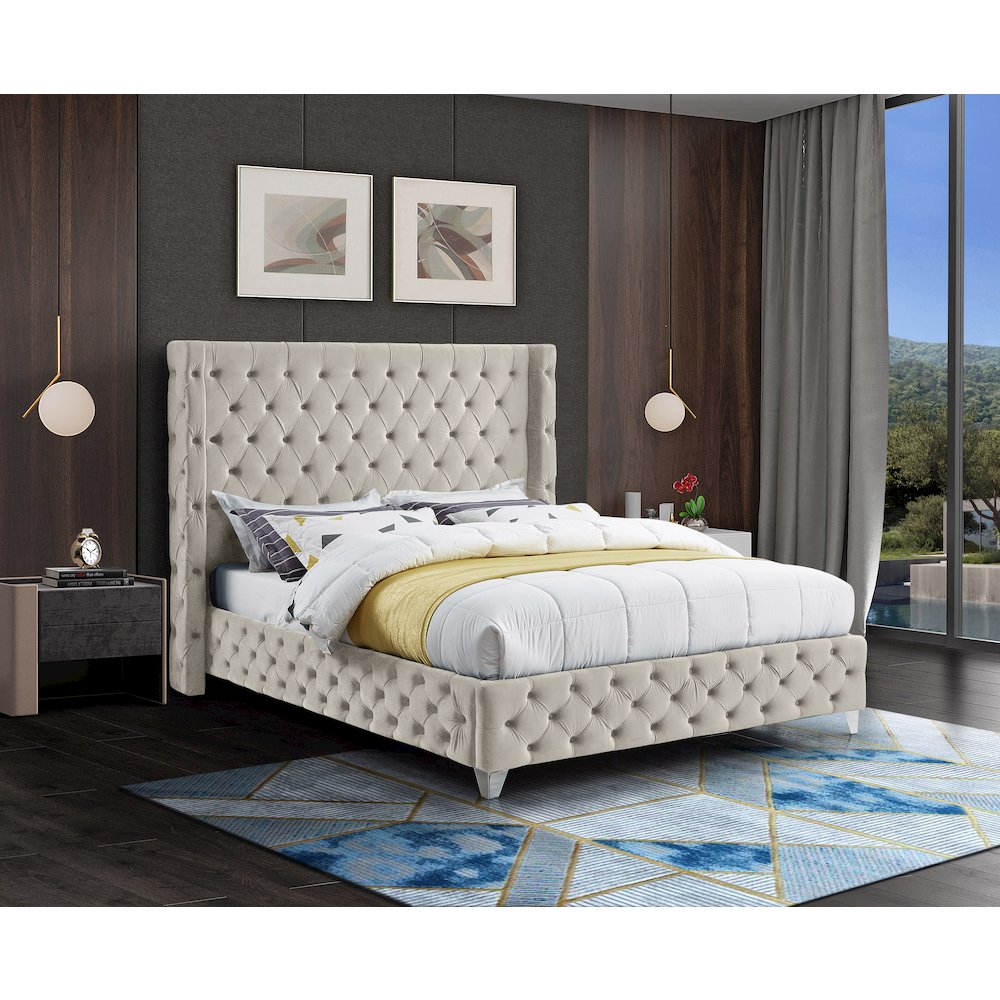 Savan Cream Velvet Queen Bed. Picture 3
