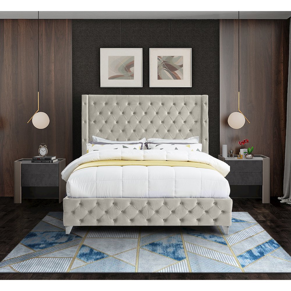 Savan Cream Velvet Queen Bed. Picture 7