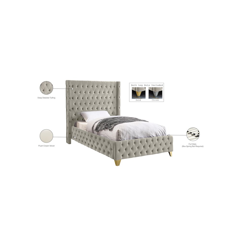 Savan Cream Velvet Twin Bed. Picture 5