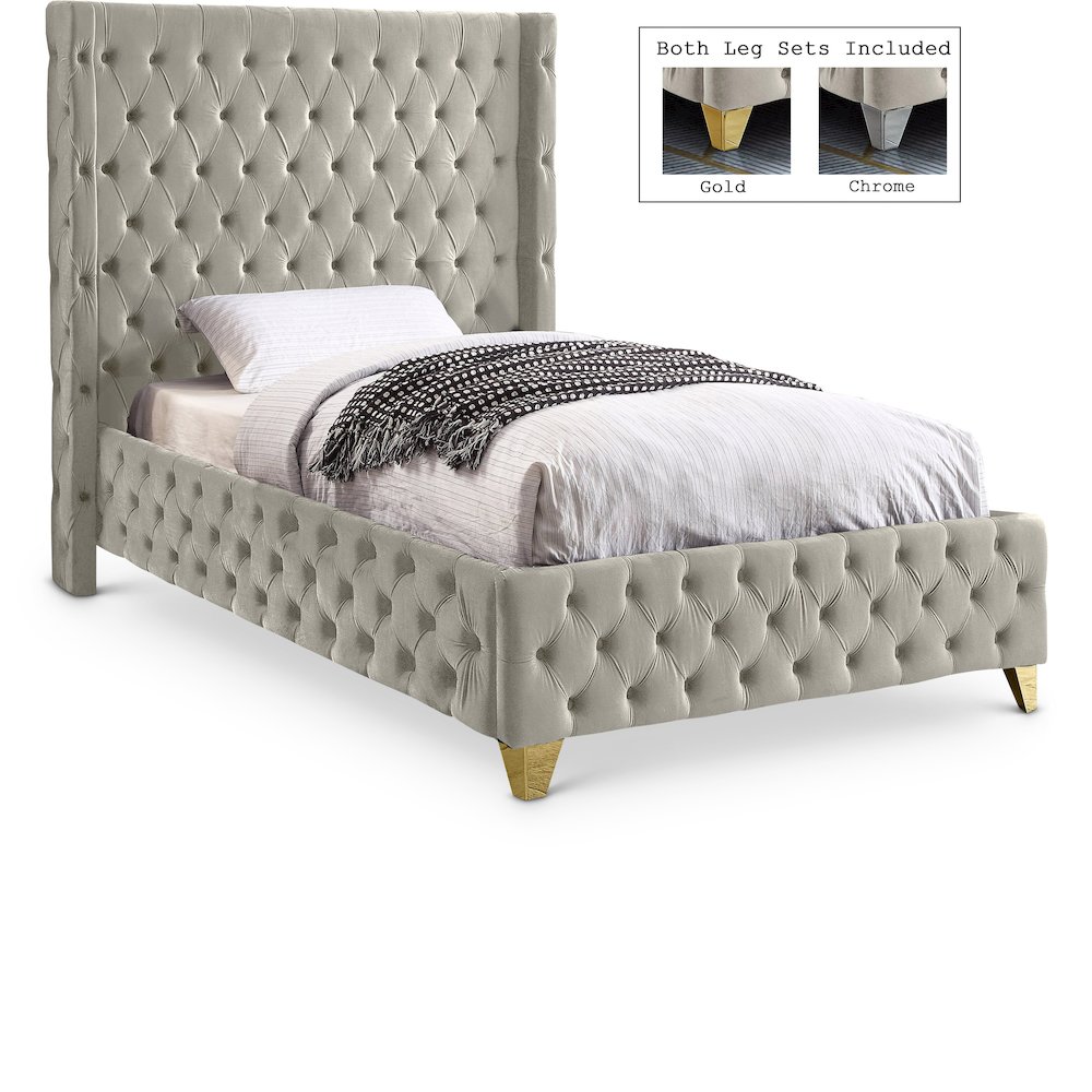 Savan Cream Velvet Twin Bed. Picture 1