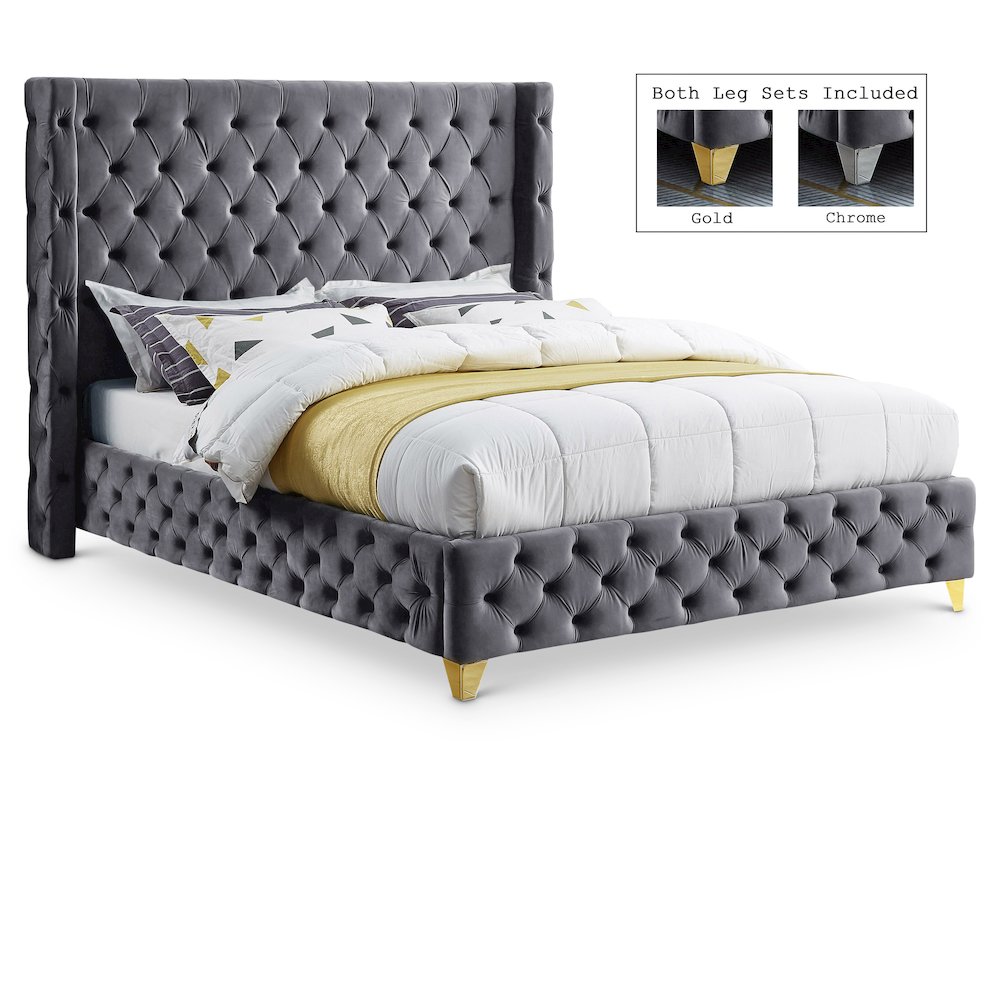 Savan Grey Velvet King Bed. Picture 1