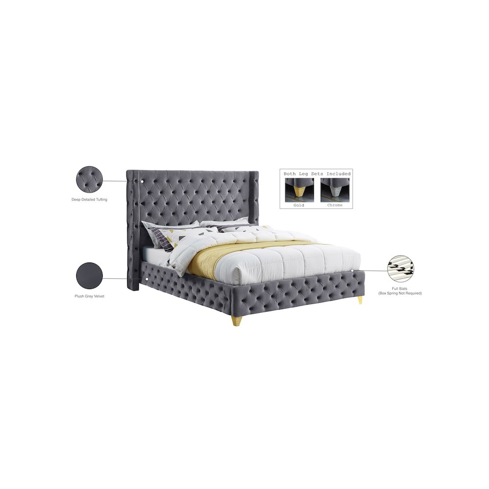 Savan Grey Velvet Queen Bed. Picture 15
