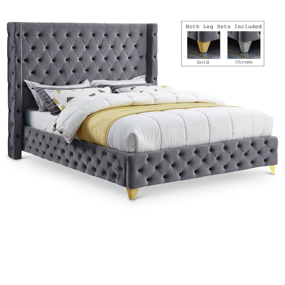Savan Grey Velvet Queen Bed. Picture 1
