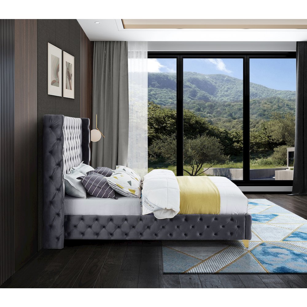 Savan Grey Velvet Queen Bed. Picture 10