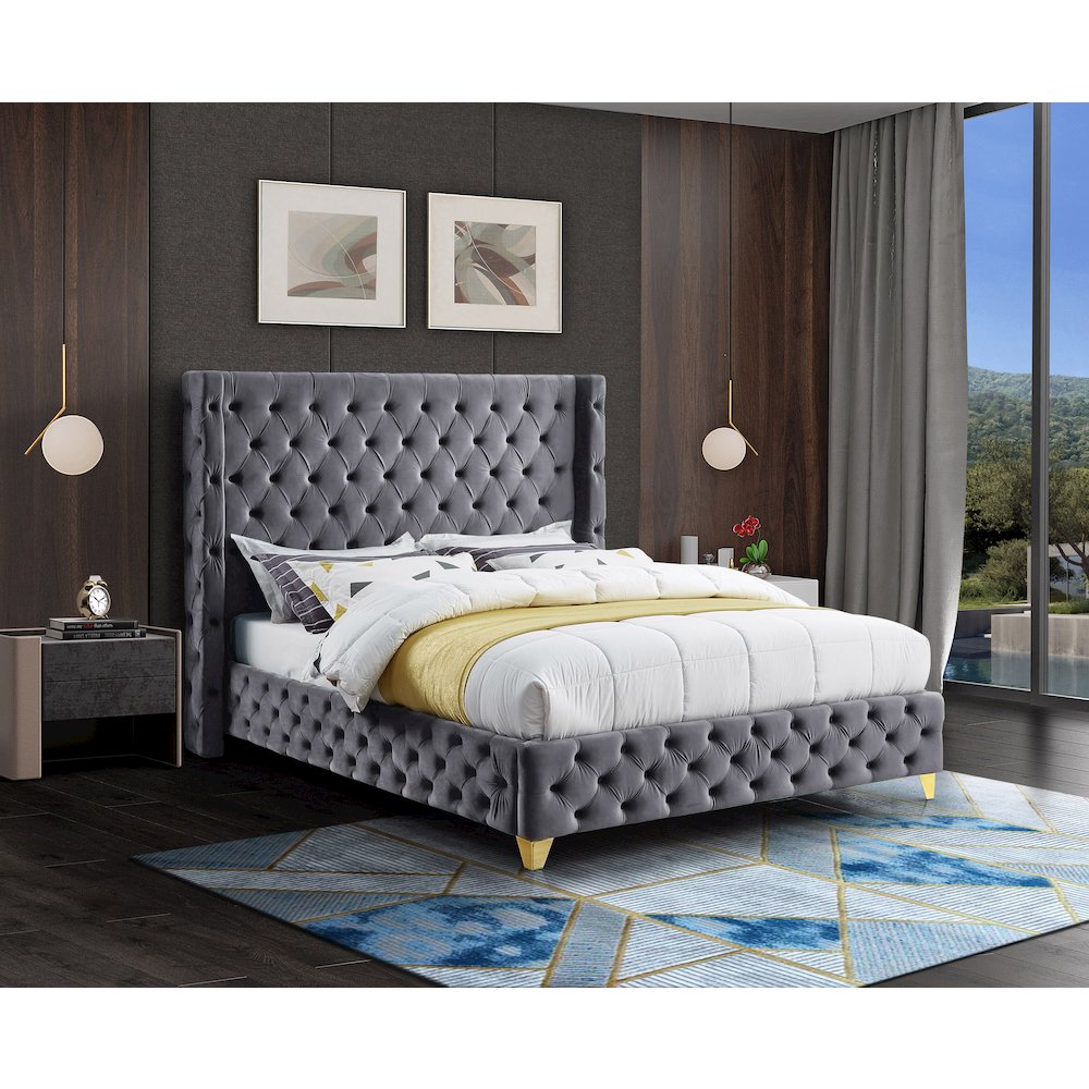 Savan Grey Velvet Queen Bed. Picture 2