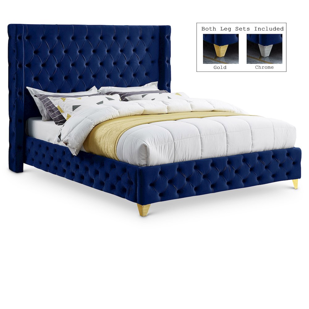 Savan Navy Velvet Queen Bed. Picture 1