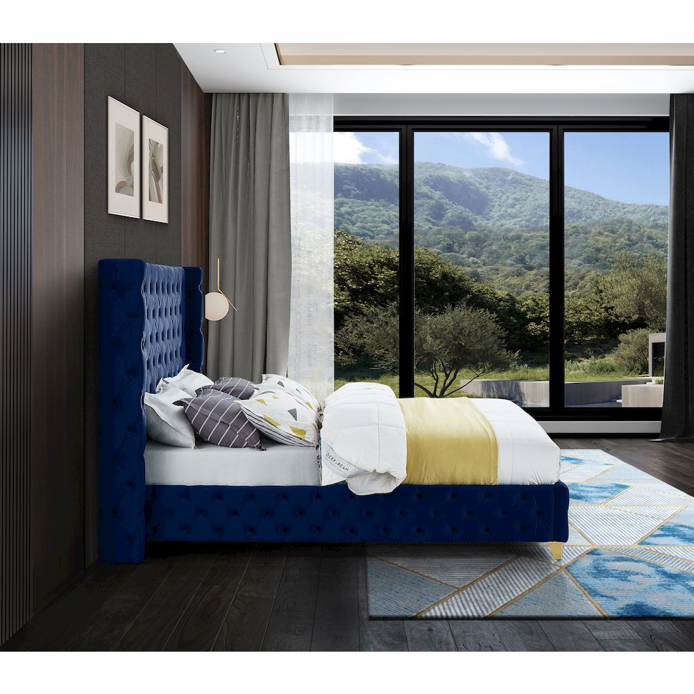 Savan Navy Velvet Queen Bed. Picture 10