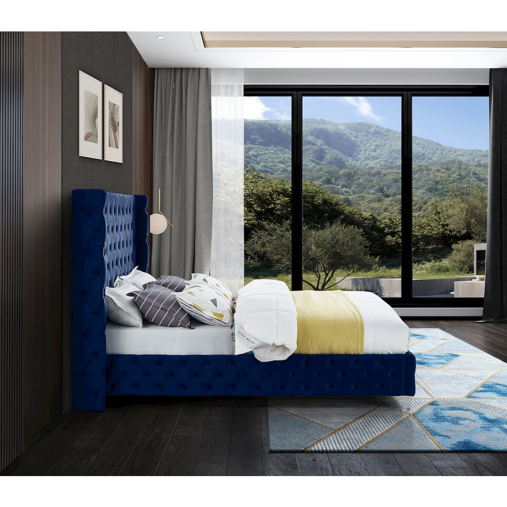 Savan Navy Velvet Queen Bed. Picture 11
