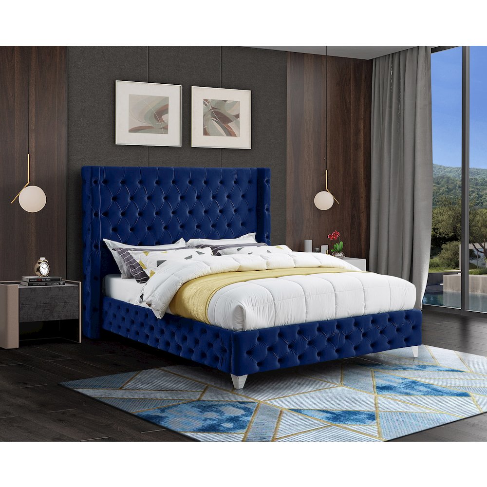 Savan Navy Velvet Queen Bed. Picture 3