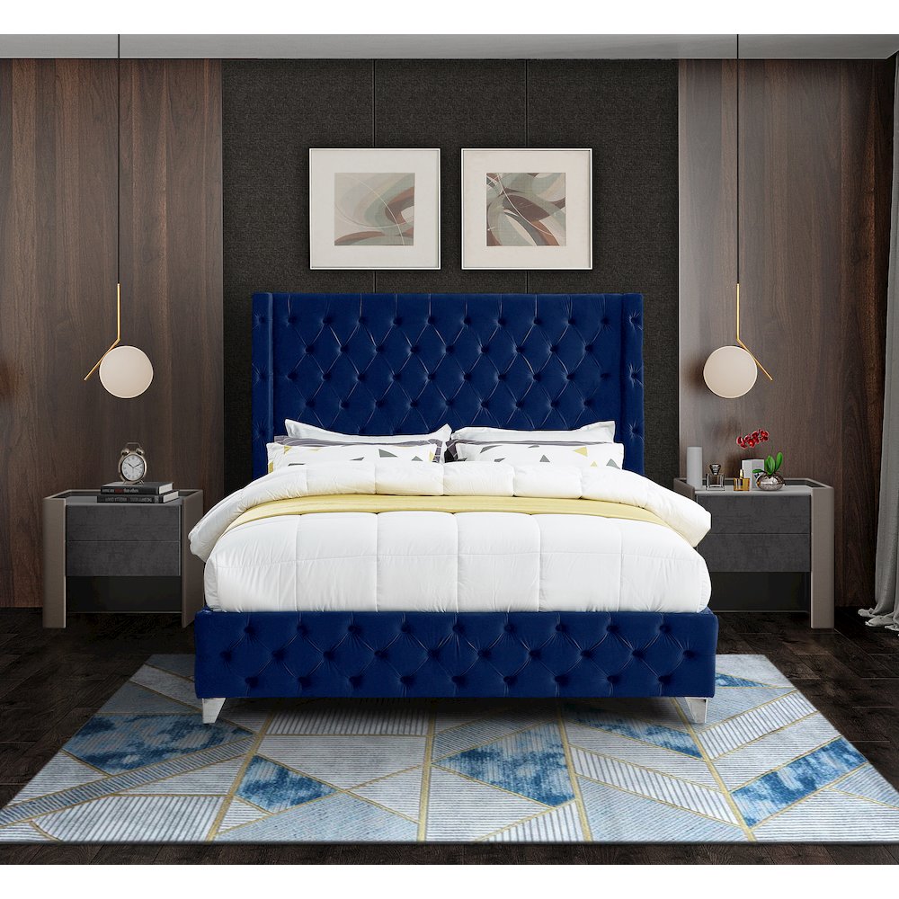 Savan Navy Velvet Queen Bed. Picture 7