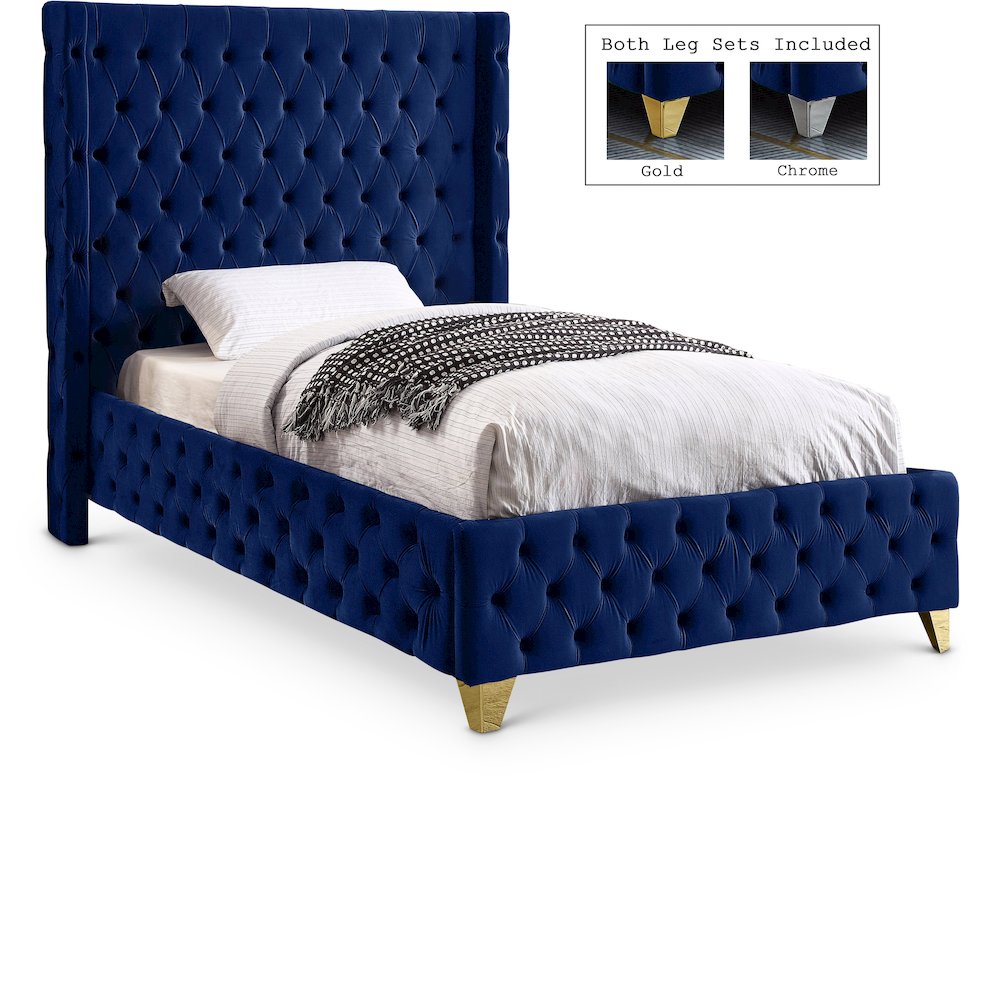 Savan Navy Velvet Twin Bed. Picture 1