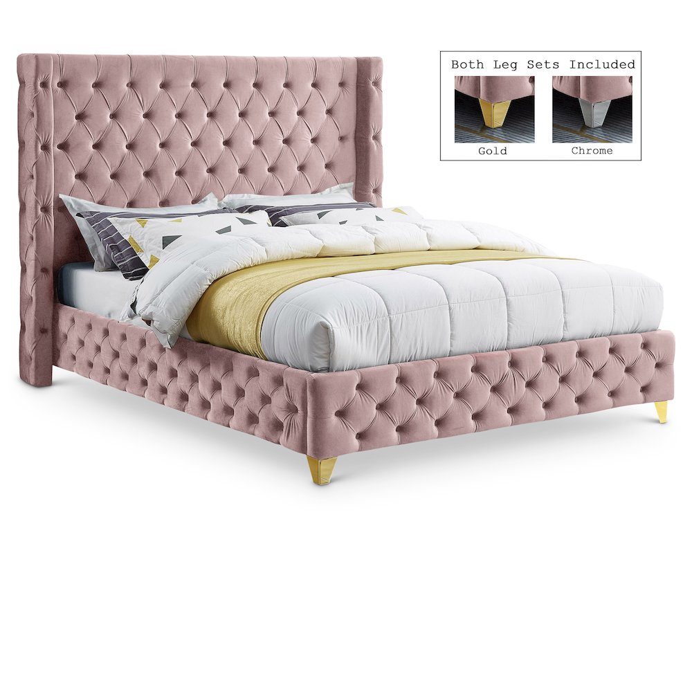 Savan Pink Velvet King Bed. Picture 1