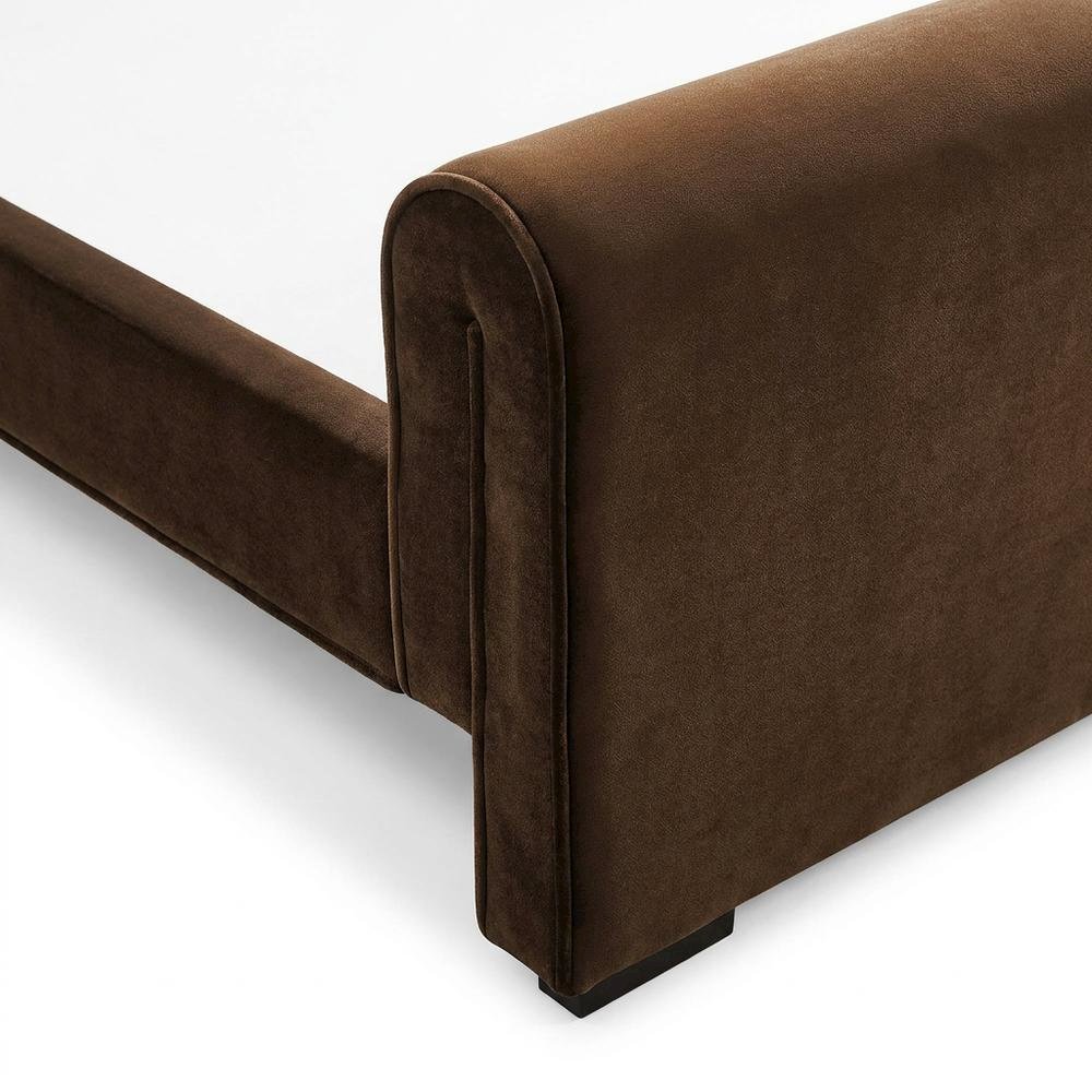 Velvet King Platform Bed with Panel Headboard and Footboard, Brown Velvet. Picture 7