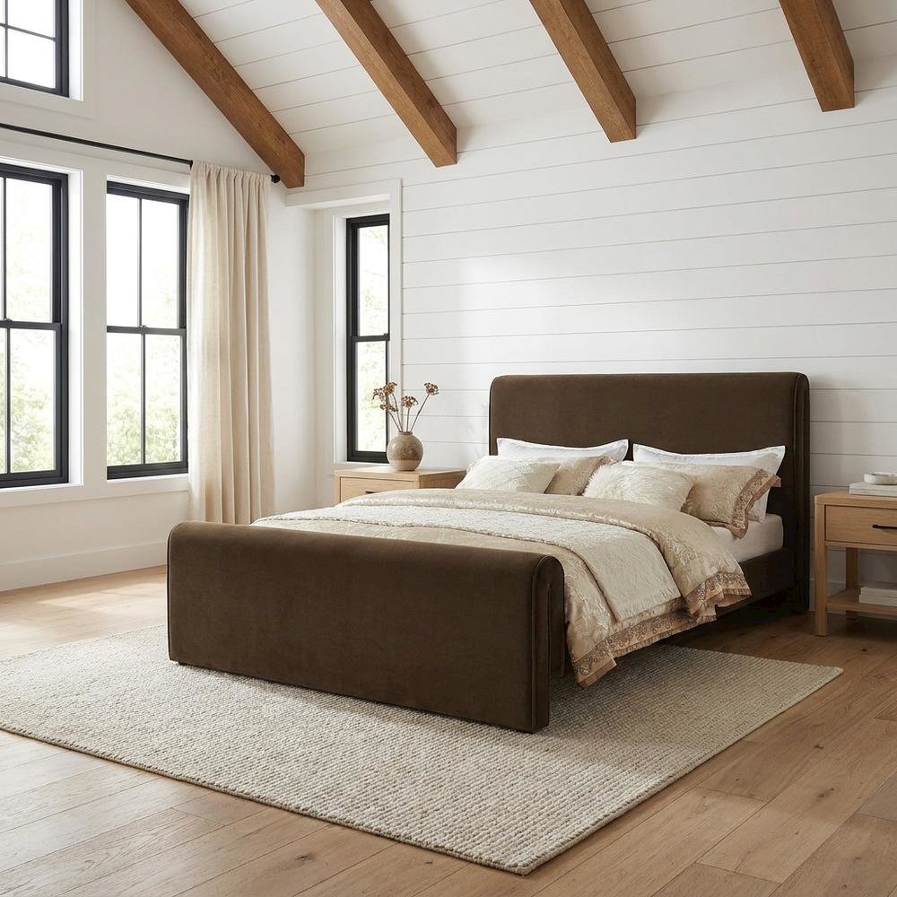 Velvet King Platform Bed with Panel Headboard and Footboard, Brown Velvet. Picture 2