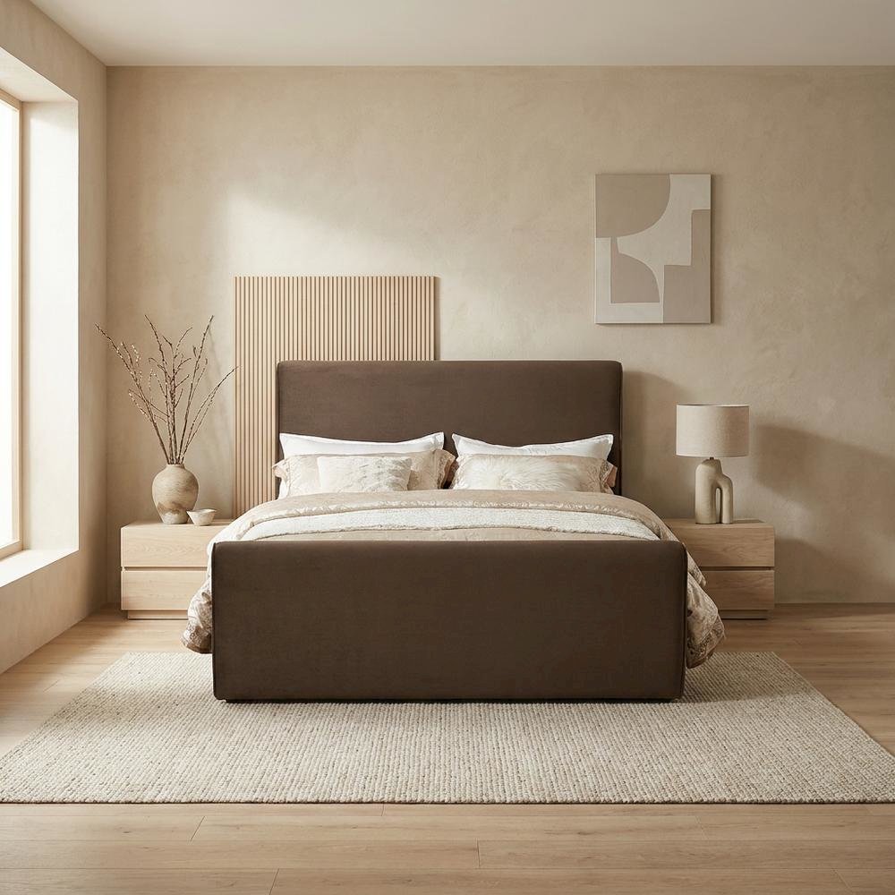 Velvet King Platform Bed with Panel Headboard and Footboard, Brown Velvet. Picture 3