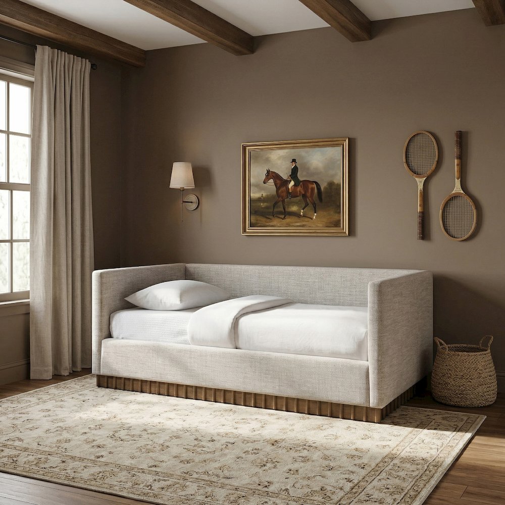 Teva Beige Linen Textured Fabric Upholstered Twin Daybed. Picture 2