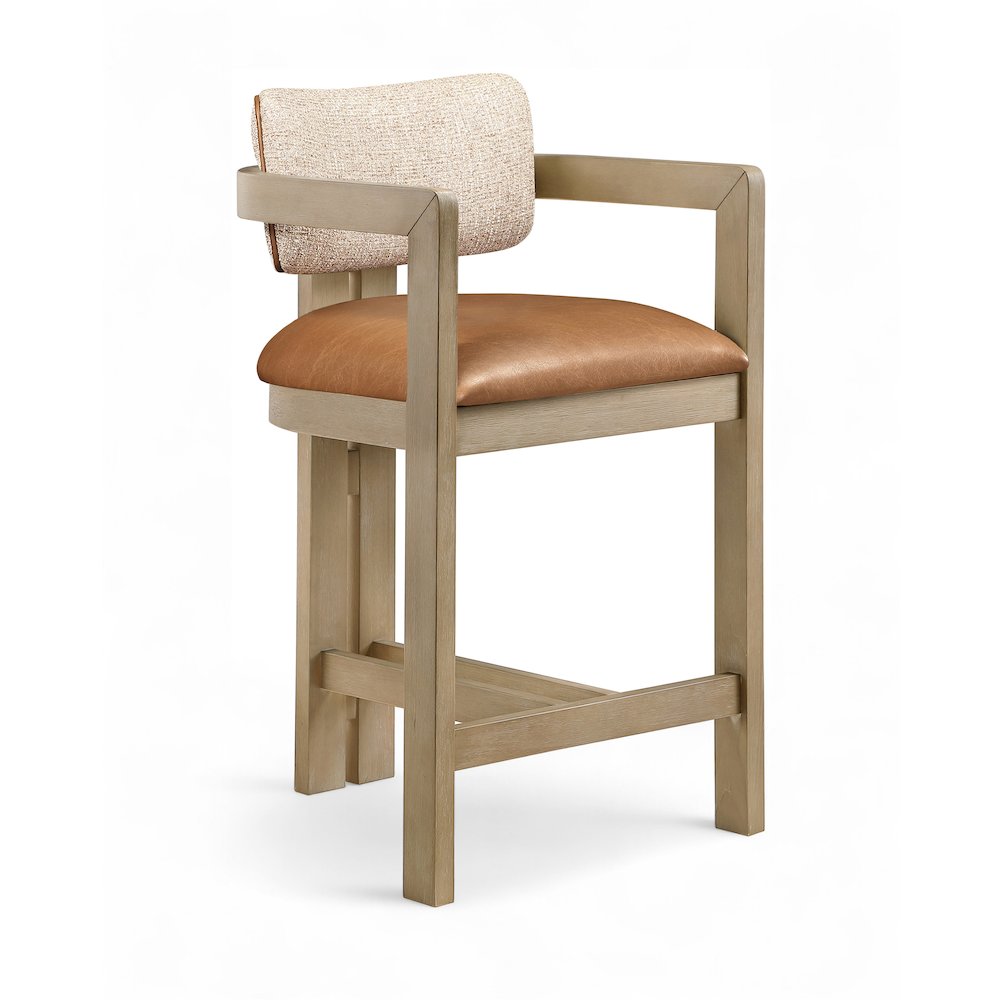 Ravina Cognac Vegan Leather and Linen Fabric Upholstered Counter Stool. Picture 2