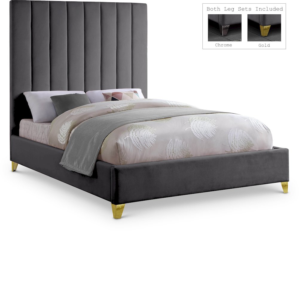 Via Grey Velvet King Bed. Picture 1