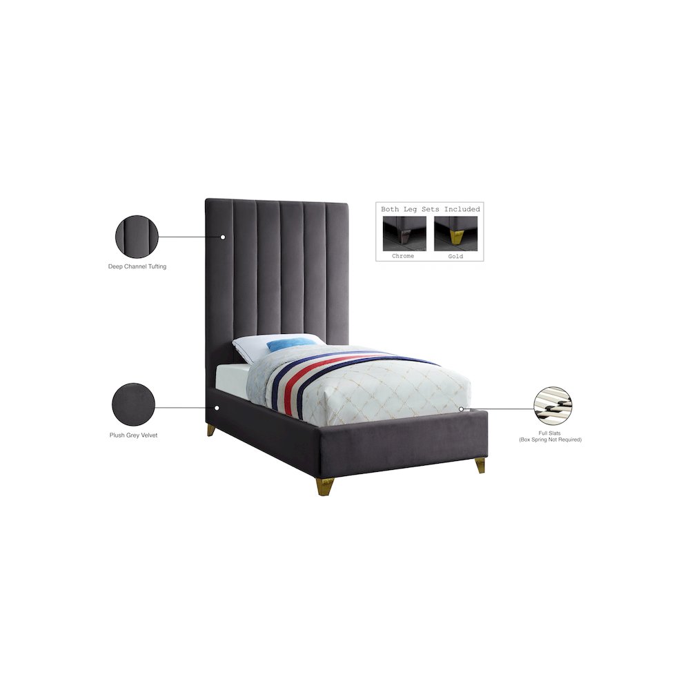 Via Grey Velvet Twin Bed. Picture 5