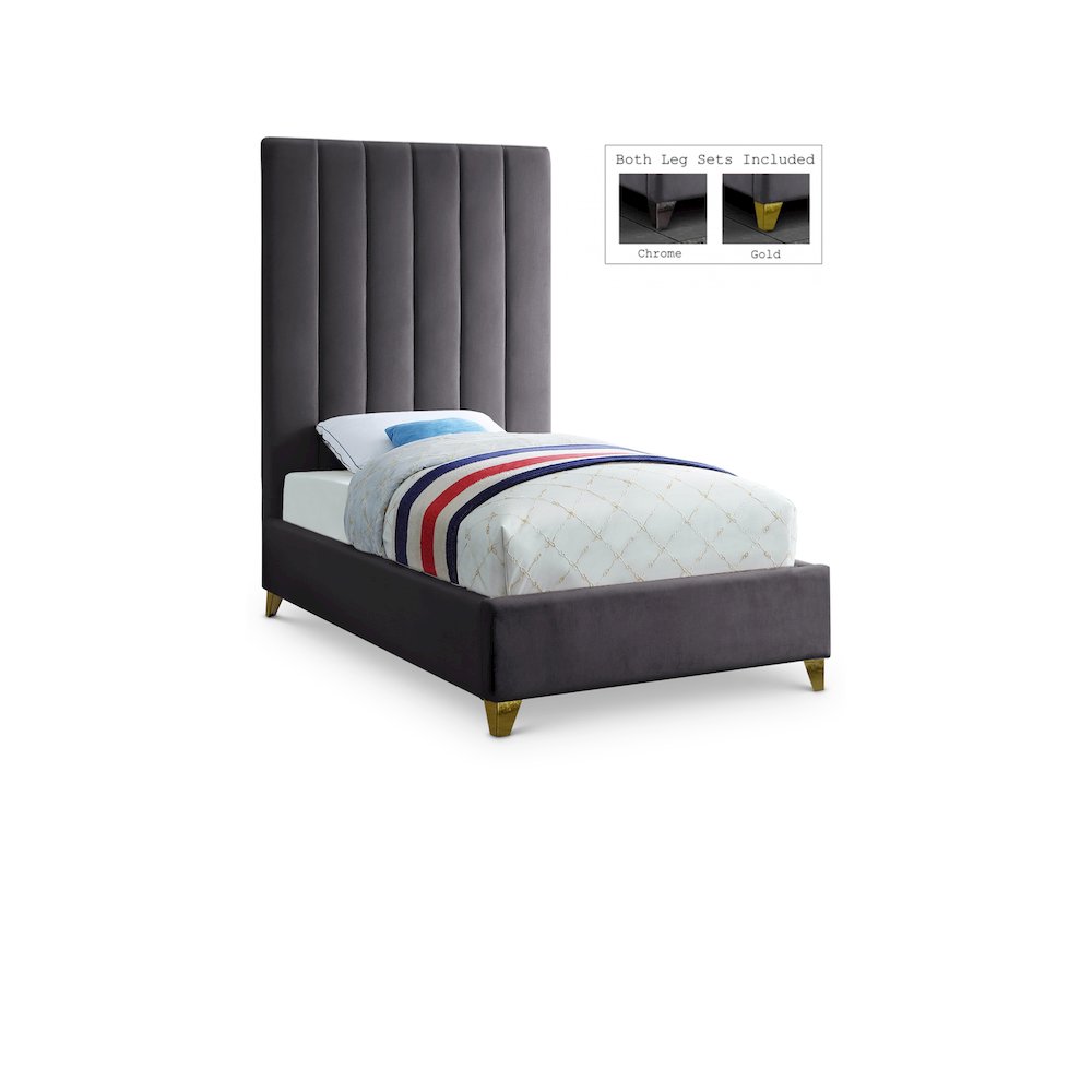 Via Grey Velvet Twin Bed. Picture 1