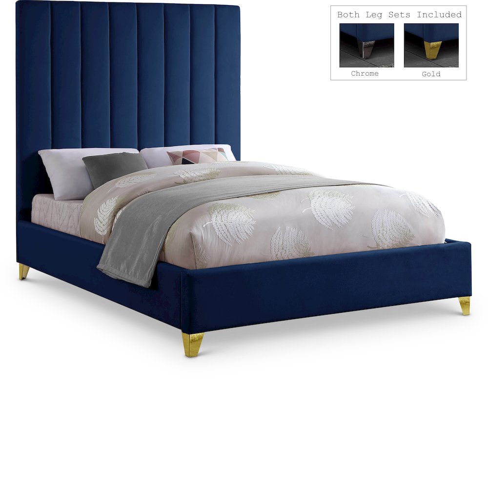 Via Navy Velvet Queen Bed. Picture 1