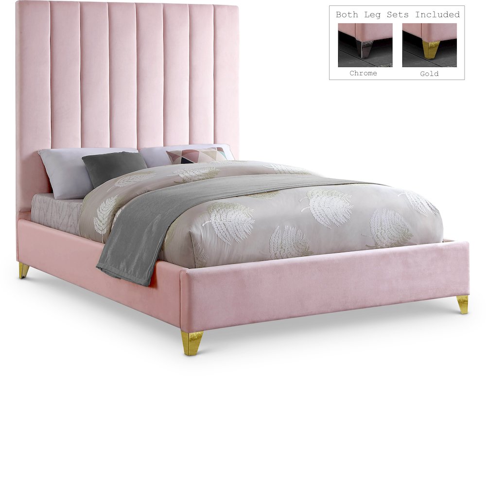 Via Pink Velvet Queen Bed. Picture 1