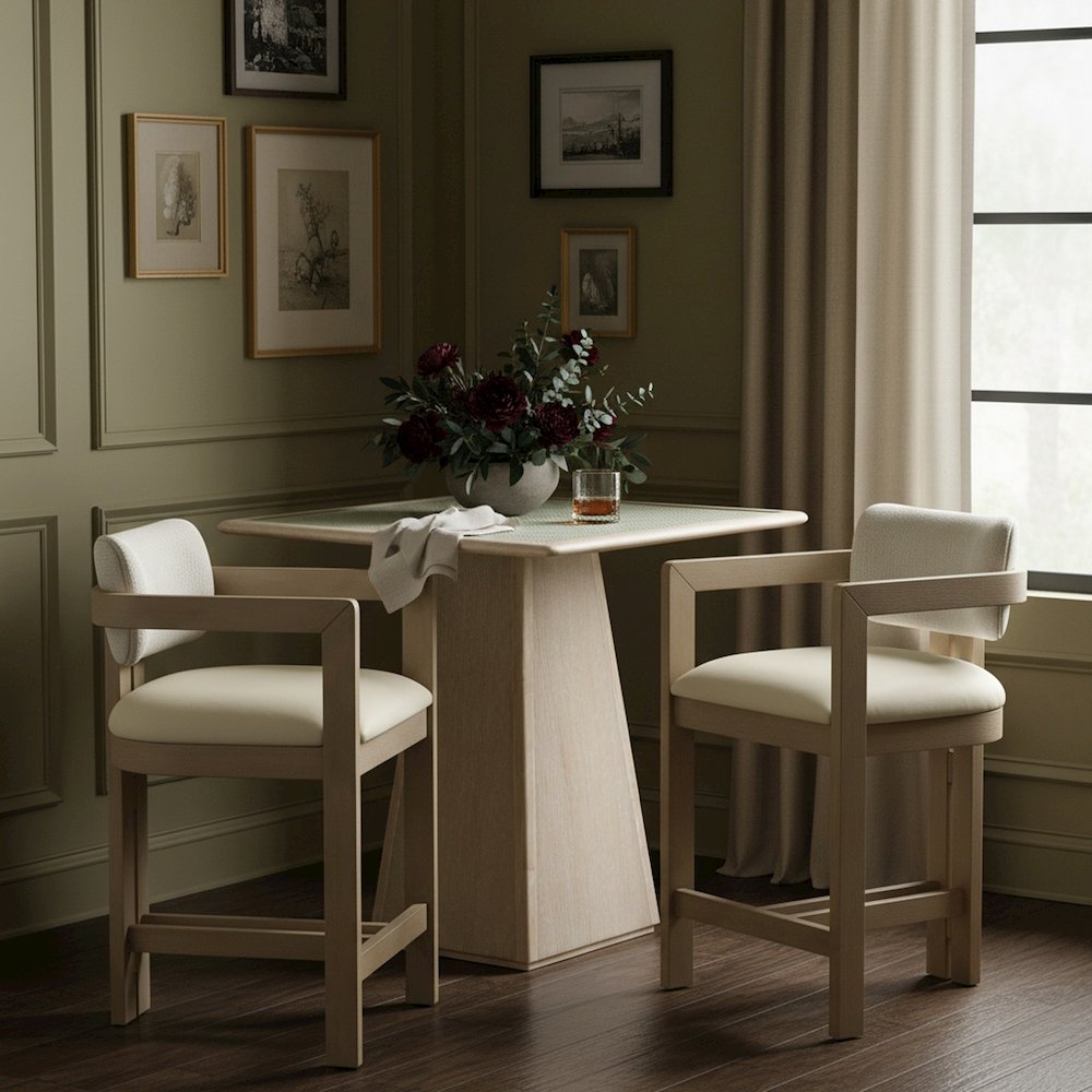Ravina Cream Vegan Leather and Linen Textured Fabric Upholstered Counter Stool. Picture 3