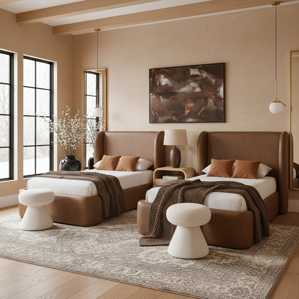 Warby Brown Vegan Leather Upholstered Twin Bed. Picture 2