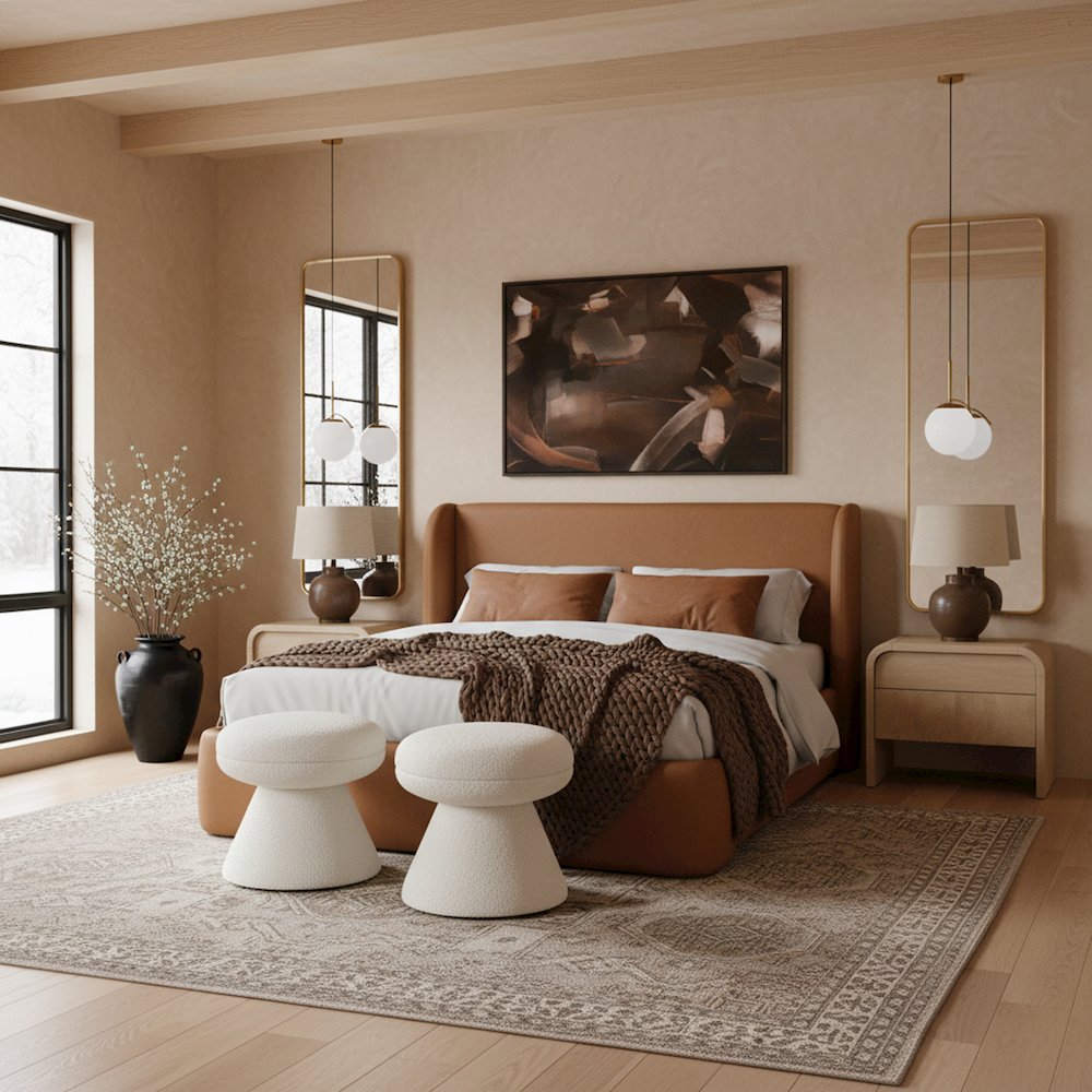 Warby Cognac Vegan Leather Upholstered Full Bed. Picture 2
