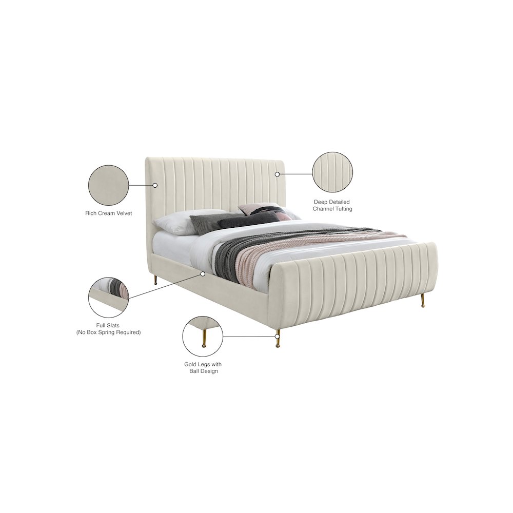 Zara Cream Velvet Queen Bed. Picture 9