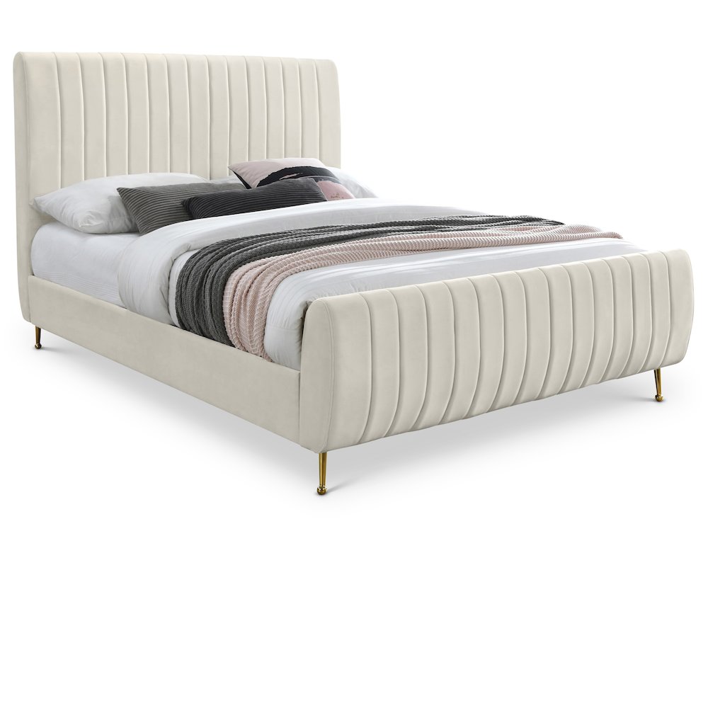 Zara Cream Velvet Queen Bed. Picture 1
