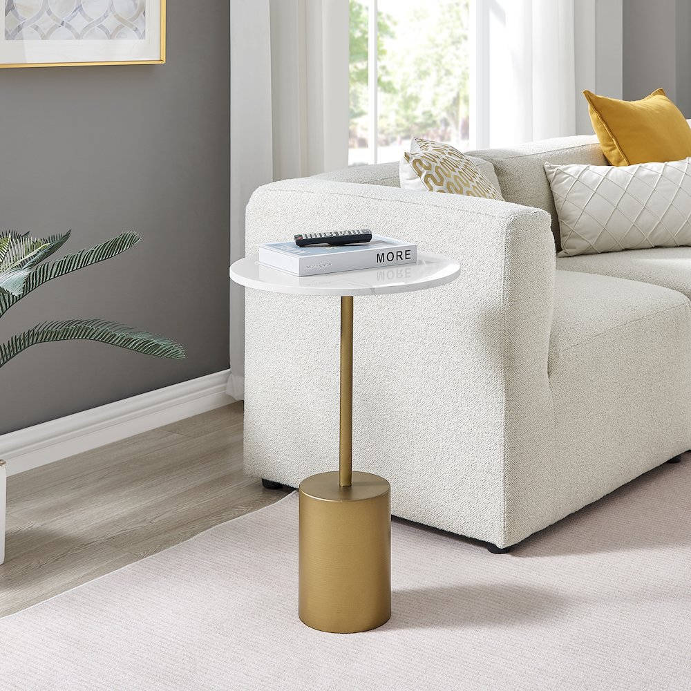 Fritz Pedestal Side Accent Table with Gold Metal Base Genuine White Marble Stone. Picture 2