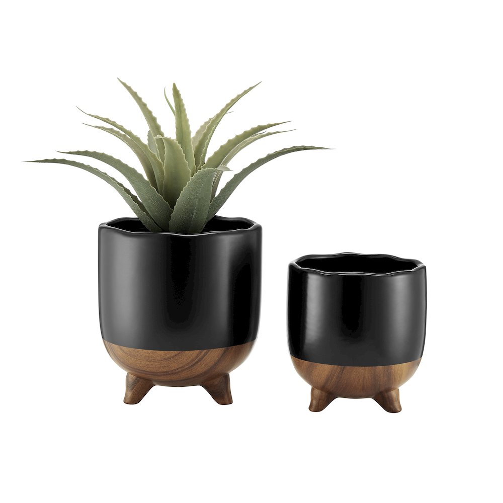 Milo Mortar 2 Tone Flower Pot Planter Cachepot Set of 2 Sizes - Black and Walnut. Picture 7
